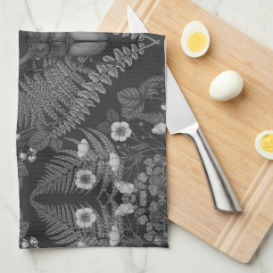 Linge De Cuisine Bousier et fougères, en noir et blanc