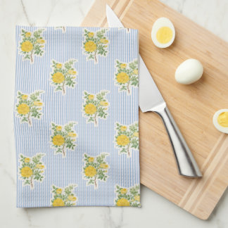 Linge De Cuisine Boutons d'or Floraux Vintage Rayures Bleues