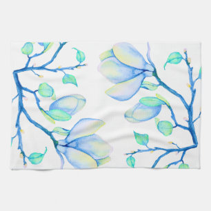 Linge De Cuisine Branche de magnolia à l'aquarelle bleu-vert botani