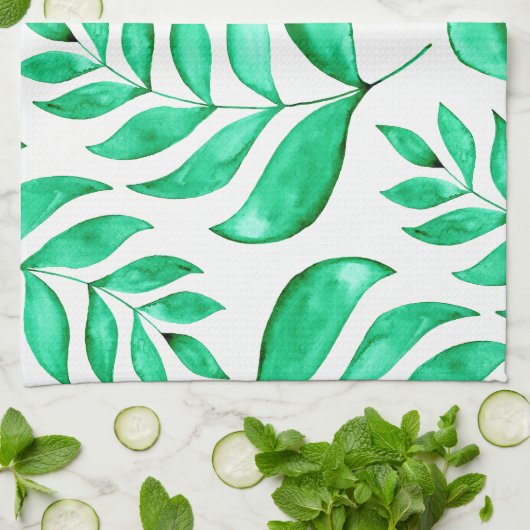 Linge De Cuisine Branches d'aquarelle simples - vert (Plié)