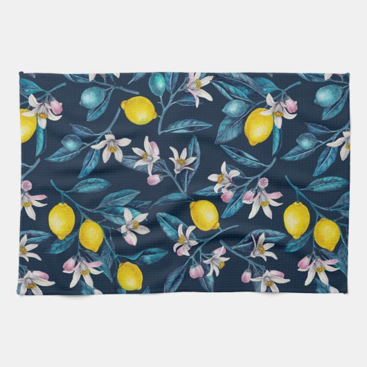 Linge De Cuisine Branches de citron avec fleurs et fruits sur le bl (Horizontal)