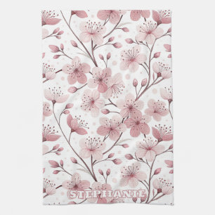 Linge De Cuisine Branches de fleurs roses romantiques sur fond blan