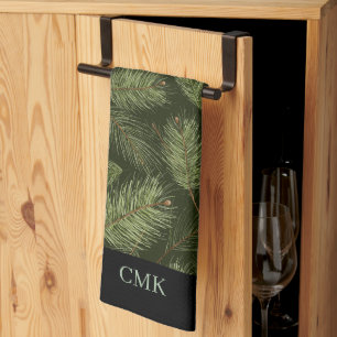 Linge De Cuisine Branches de Noël élégantes en noir avec Monogramme