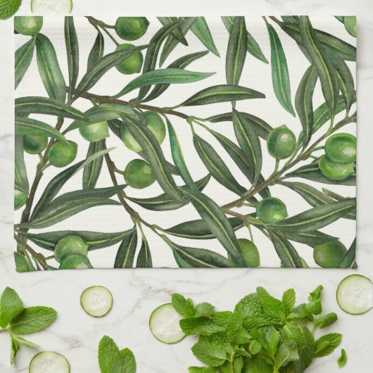 Linge De Cuisine Branches d'olive sur blanc (Plié)