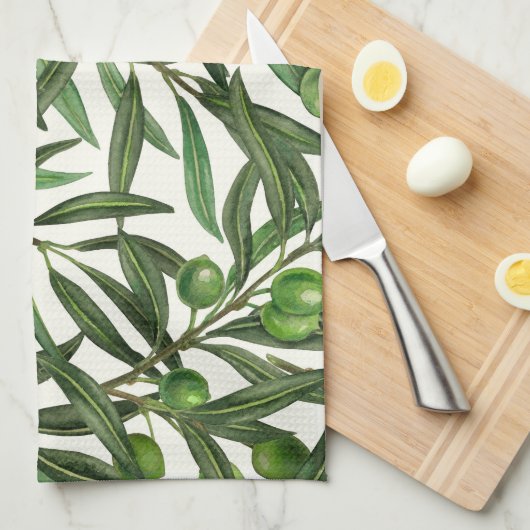 Linge De Cuisine Branches d'olive sur blanc (Quart Plié)