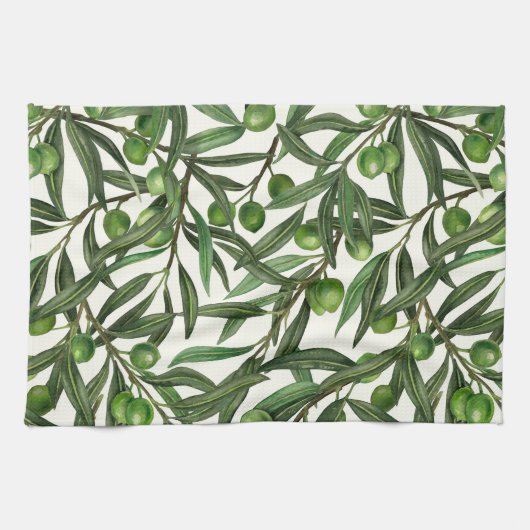 Linge De Cuisine Branches d'olive sur blanc (Horizontal)