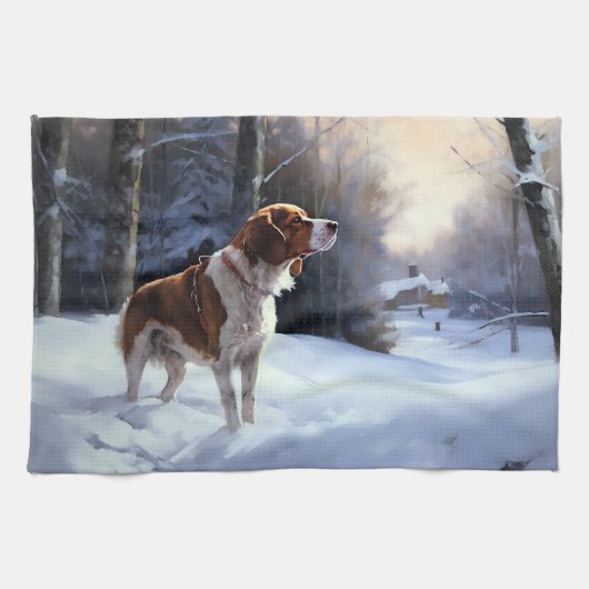 Linge De Cuisine Brittany Spaniel Laissez Neige Noël (Horizontal)