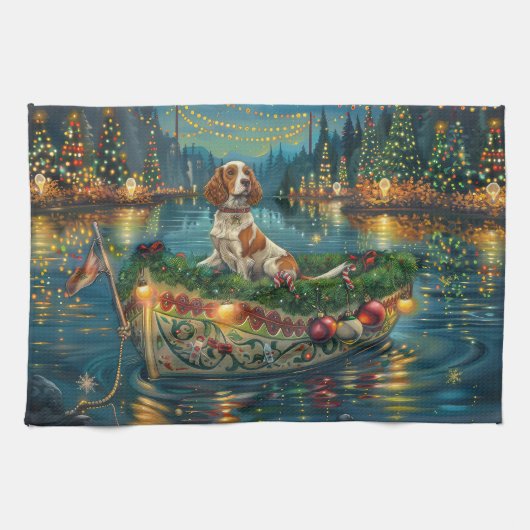 Linge De Cuisine Brittany Spaniel Noël Festive Voyage (Horizontal)