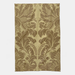 Linge De Cuisine Brocard de Damas floral doré moutarde vintage