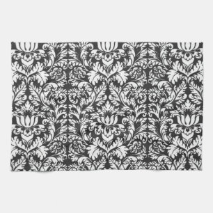 Linge De Cuisine Brocard de dentelle en damas noir et blanc vintage