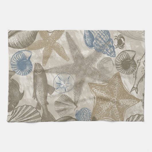 Linge De Cuisine Brown Beach Blue Shells Ocean    (Horizontal)