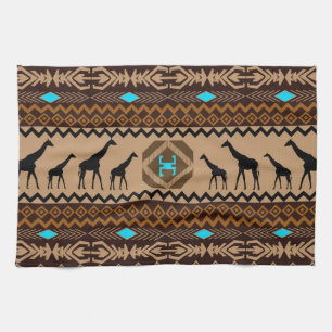Linge De Cuisine Brown Bleu & Beige Africain Motif & Giraffe