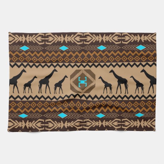 Linge De Cuisine Brown Bleu & Beige Africain Motif & Giraffe (Horizontal)