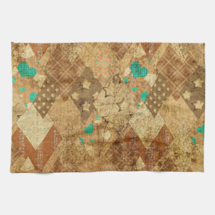 Linge De Cuisine Brown Grunge Quilt Stars Coeurs