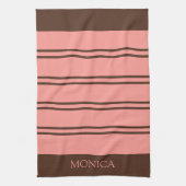 Linge De Cuisine  Brown Pink Stripes monogram Name Kitchen Towels (Vertical)
