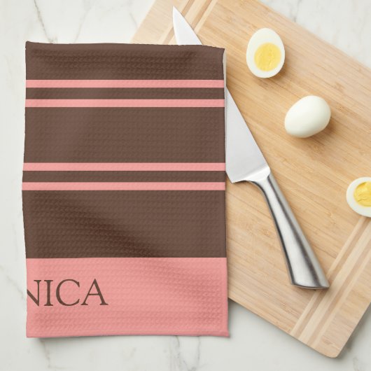 Linge De Cuisine  Brown Pink Stripes Script Name Kitchen Towels (Quart Plié)