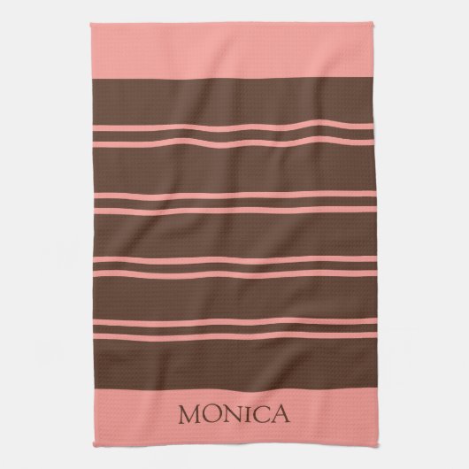 Linge De Cuisine  Brown Pink Stripes Script Name Kitchen Towels (Vertical)