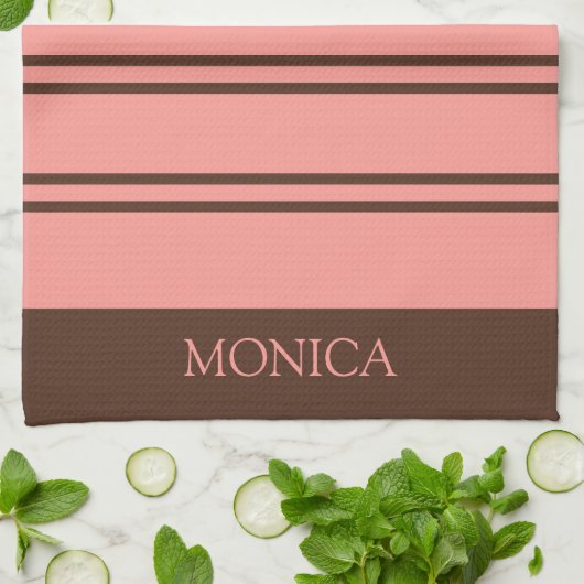 Linge De Cuisine Brown Pink Stripes Script Name Kitchen Towels (Plié)