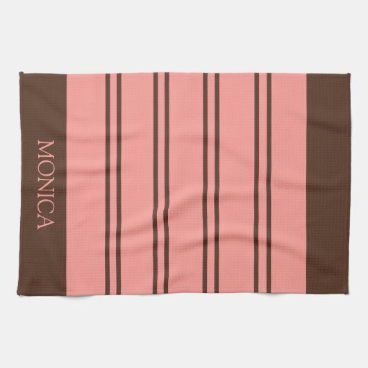 Linge De Cuisine  Brown Pink Stripes Script Name Kitchen Towels (Horizontal)