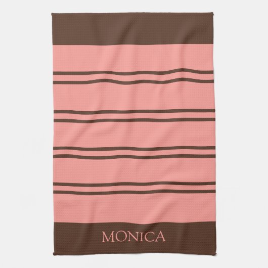 Linge De Cuisine Brown Pink Stripes Script Name Kitchen Towels (Vertical)