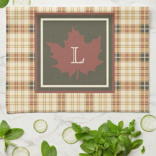 Linge De Cuisine Brown Plaid Motif Automne Maple Leaf Monogramme (Plié)
