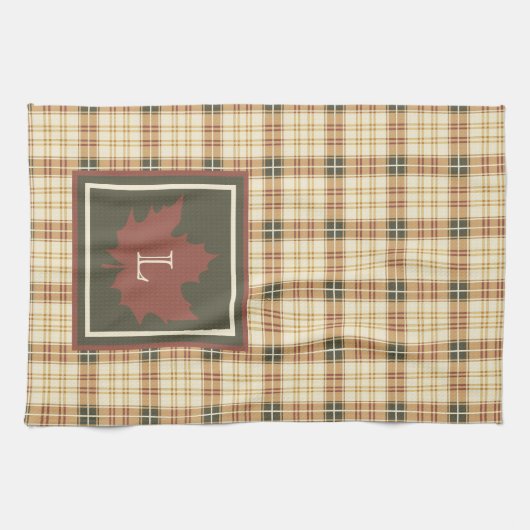 Linge De Cuisine Brown Plaid Motif Automne Maple Leaf Monogramme (Horizontal)