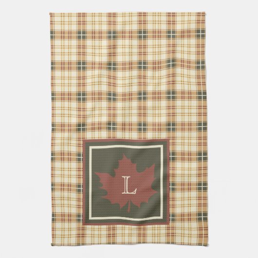 Linge De Cuisine Brown Plaid Motif Automne Maple Leaf Monogramme (Vertical)