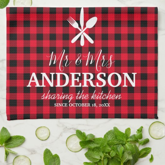 Linge De Cuisine Buffalo Plaid Mariage Nom du couple (Plié)