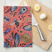 Linge De Cuisine Bugs de Doodle sur corail rouge (Quart Plié)
