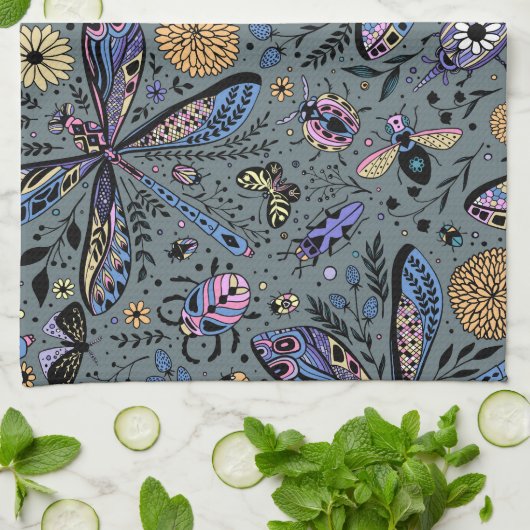 Linge De Cuisine Bugs de Doodle sur le gris de latte (Plié)