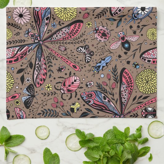 Linge De Cuisine Bugs de Doodle sur mocha brown (Plié)