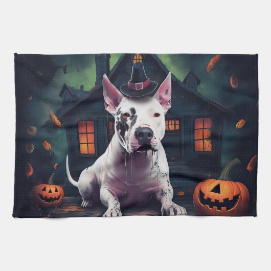 Linge De Cuisine Bull Terrier Citrouille Halloween effroi (Horizontal)