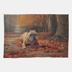 Linge De Cuisine Bulldog en automne Feuilles automne Inspire