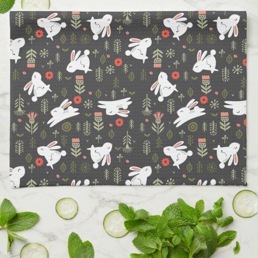 Linge De Cuisine Bunnies blancs & Fleurs de printemps (Plié)