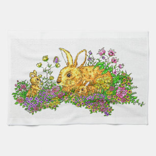 Linge De Cuisine Bunnies Springtime dans un champ de fleurs