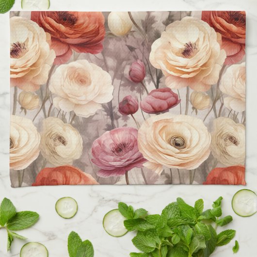 Linge De Cuisine Burgundy Crème Fleurs de Printemps Mariage (Plié)