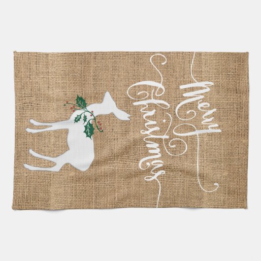 Linge De Cuisine Burlap Texture Joyeux Noël avec rennes (Horizontal)