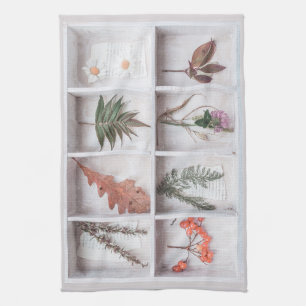 Linge De Cuisine Cadre botanique blanc avec ombre, fleurs feuilles
