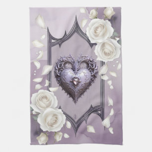 Linge De Cuisine Cadre floral avec coeur et roses blanches
