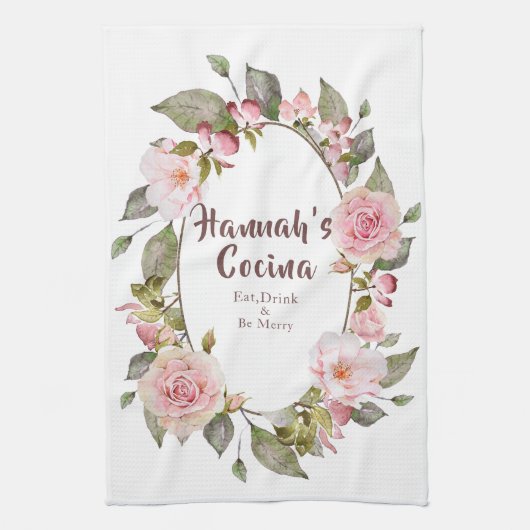 Linge De Cuisine Cadre floral "Cocina " de roses roses (Vertical)