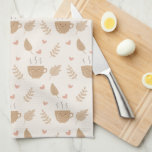 Linge De Cuisine Café Cute Kawaii et Motif d'automne Feuille<br><div class="desc">Adorable tasse de café et motif de feuilles d'automne parsemé de coeurs.</div>