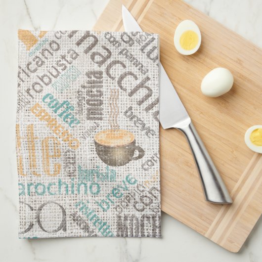 Linge De Cuisine Café sur Burlap Word Cloud Turquoise ID283 (Quart Plié)
