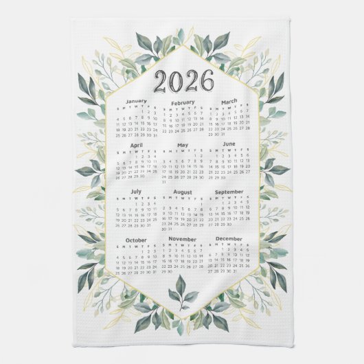 Linge De Cuisine Calendrier 2026 Aquarelle moderne Feuilles botaniq (Vertical)