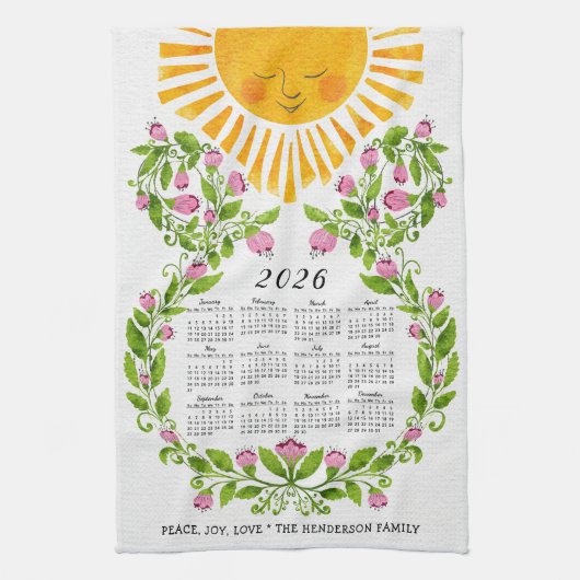 Linge De Cuisine Calendrier 2026 Fleurs roses mignonnes Soleil Flor (Vertical)