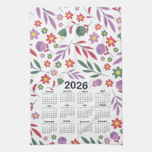 Linge De Cuisine Calendrier 2026 Modèle Floral pourpre et rouge