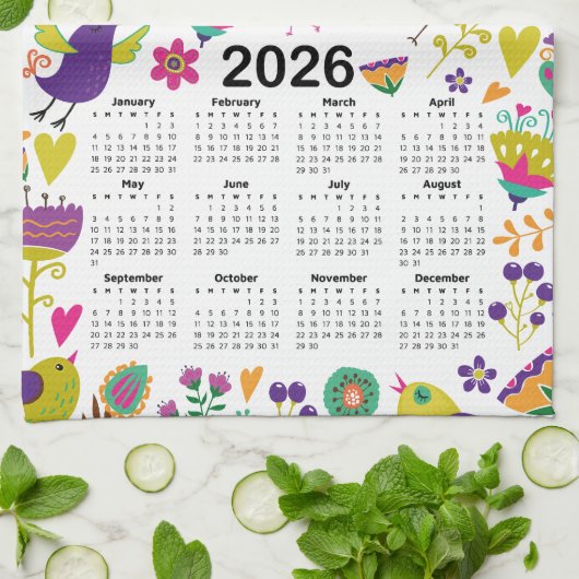 Linge De Cuisine Calendrier 2026 Oiseaux et fleurs roses et violett (Plié)