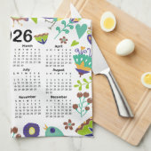 Linge De Cuisine Calendrier 2026 Oiseaux et fleurs verts et bleus (Quart Plié)