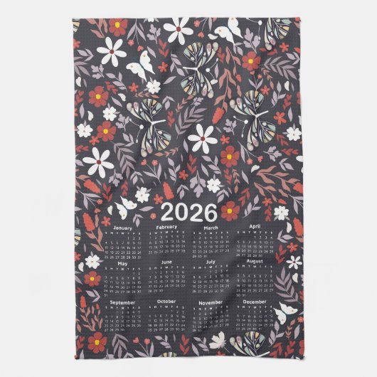 Linge De Cuisine Calendrier 2026 Whimsical Floral et Papillon (Vertical)