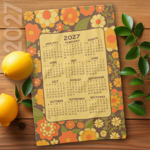 Linge De Cuisine Calendrier de l'année 2027 - Fleurs Rétro - Vert M