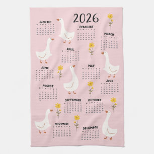 Linge De Cuisine Calendrier Fleur sauvage et oie jaune 2026 - Rose